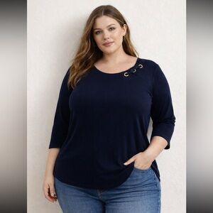 Chico’s Travelers Navy Blue 3/4 Sleeve Stretch Blouse L